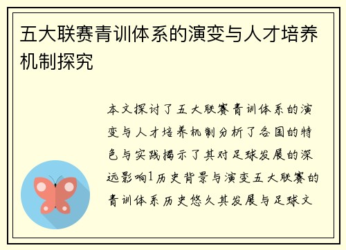 五大联赛青训体系的演变与人才培养机制探究