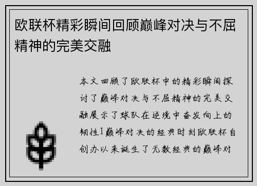 欧联杯精彩瞬间回顾巅峰对决与不屈精神的完美交融